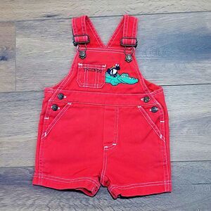 Vintage Shortalls Kids 12 M Red Overalls In Design Alligator Frog Friends Shorts